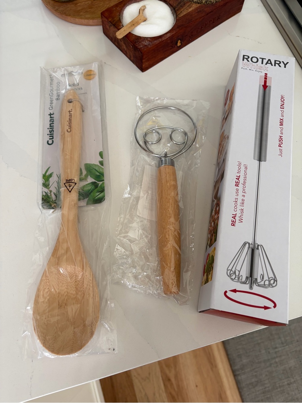 Set of 3 items Cuisinart Bamboo Spoon and Wooden Rotary Whisk Set - Natural Wood